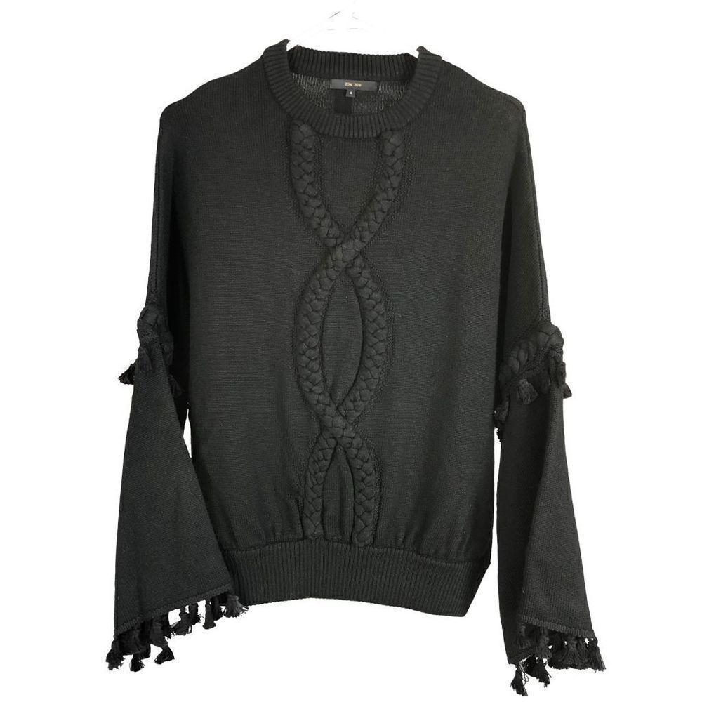ZOW ZOW Wool Blend Black Braided Design‎ Tassels Bell Sleeve Sweater Sz M